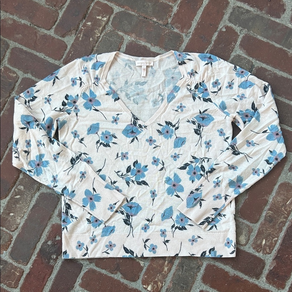 Rebecca Taylor Floral Wool Cashmere Blend V-neck Sweater